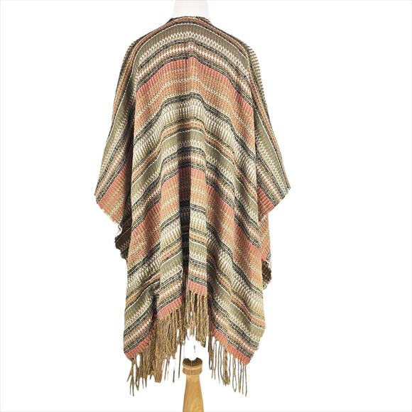 FREE PEOPLE Ruana Retro Striped Fringe Shawl Poncho Sweater OS Boho Hippie - Picture 6 of 8